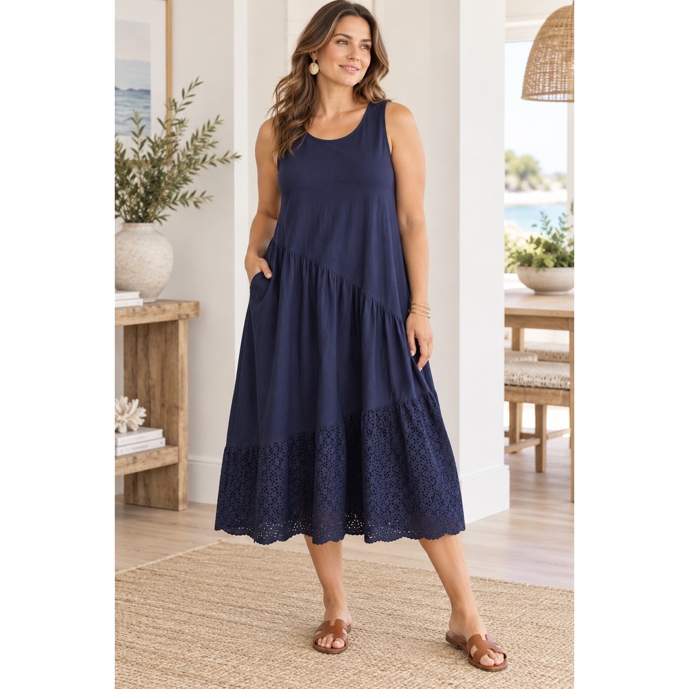 Chico's Navy Mixed Media Eyelet Asymmetrical Midi Dress Size 2 L 12/14